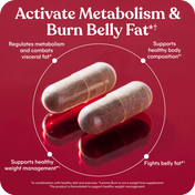 Two capsules on a red background with text about activating metabolism and burning belly fat.