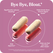 Two capsules on a pink background with text about digestive health and bloat relief.