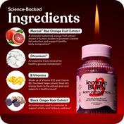 Lemme Burn body composition gummies with ingredients listed on a red background