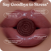 Chocolate candy in a mouth with text about stress relief and health benefits on a brown background