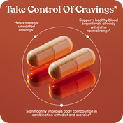 Three capsules on a red background with text about managing cravings and improving body composition.