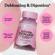 Lemme Deboat daily digestive gummies packaging with text highlighting benefits on a pink background