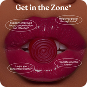 Red gummy bear with text on a brown background, promoting focus and concentration.