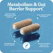 Three capsules with text on a blue background about metabolism and gut barrier support.