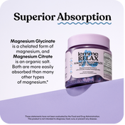 Jar of 'lemme RELAX' magnesium complex soft chews with text about magnesium absorption on a light purple background.