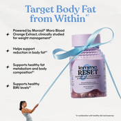 Bottle of lemme RESET with text about weight management and body fat reduction on a white background
