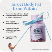 Bottle of lemme RESET supplement with text about weight management and body fat reduction.