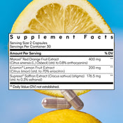 Supplement facts label with lemon slices and capsules on a blue background