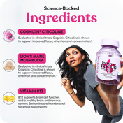 Woman holding a bottle of 'Lemme Focus' supplement with text about science-backed ingredients on a white background.