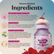 Product packaging with ingredients listed and a cherry on top, set against a gradient background.