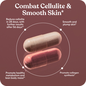 Two capsules with text on a maroon background about cellulite reduction and skin smoothing.