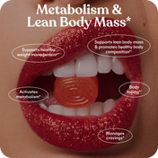 Lip balm in a mouth with text about metabolism and lean body mass on a brown background