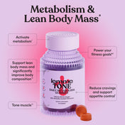 Lemme Tone daily metabolism gummies packaging with text on a pink background