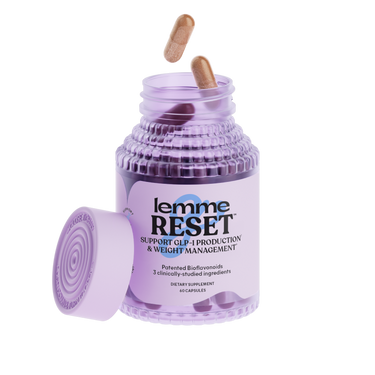 Purple jar of 'lemme RESET' dietary supplement with capsules on a white background