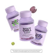 Three purple containers labeled 'lemme CHILL', 'lemme MATCH', and 'lemme SLEEP' with a green gummy on a white background.