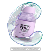 Container of 'lemme CHILL' gummies with a colorful, iridescent lid on a white background.