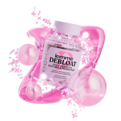 Lemme Debloat supplement bottle with pink decorative elements on a white background