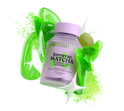 Bottle of lemme Matcha Energy Gummies with green leaf graphics on a white background