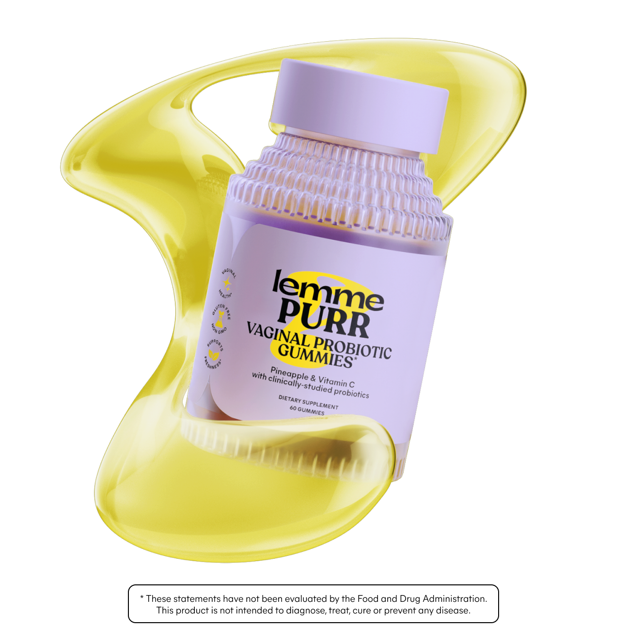 Lemme Purr vaginal probiotic gummies packaging with a yellow applicator on a white background.