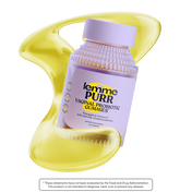 Lemme Purr vaginal probiotic gummies packaging with a yellow applicator on a white background.