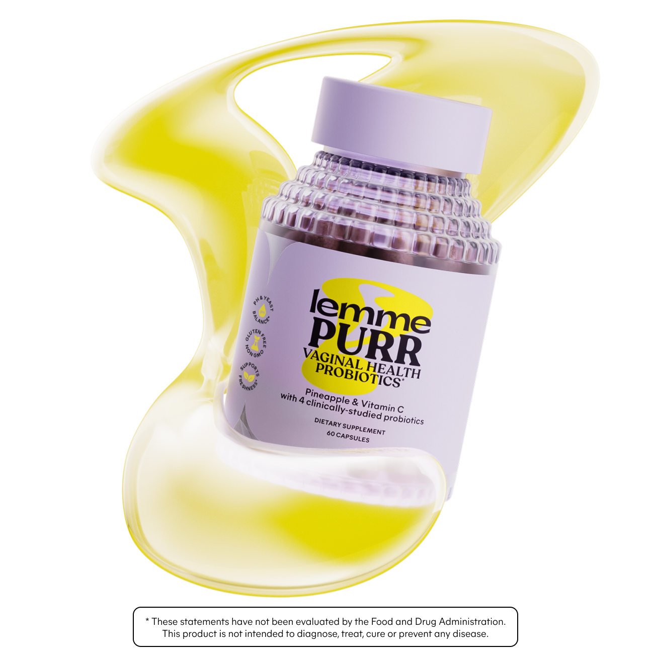 Bottle of lemme PURR Vaginal Health Probiotics on a yellow and white background