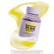 Bottle of lemme PURR Vaginal Health Probiotics on a yellow and white background
