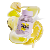 lemme PURR vaginal health probiotics bottle with yellow seashell-like objects on a white background
