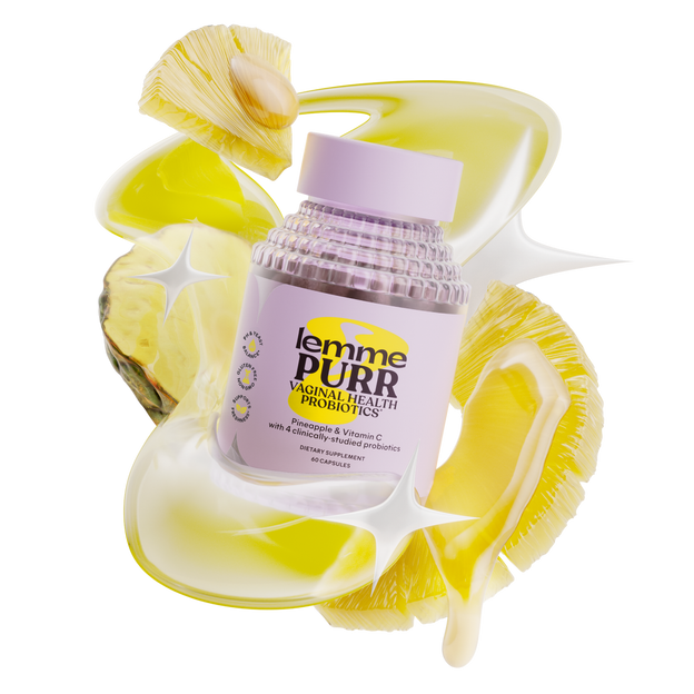 lemme PURR vaginal health probiotics bottle with yellow seashell-like objects on a white background