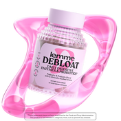 Supplement bottle labeled 'lemme DEBLOAT' in a pink holder on a white background