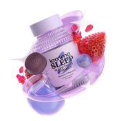 Jar of 'Lemme Sleep' gummies with strawberries and other fruits on a white background