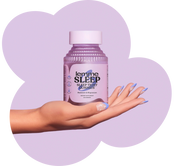 Hand holding a bottle of 'Sleep Tight Gummies' with a purple background