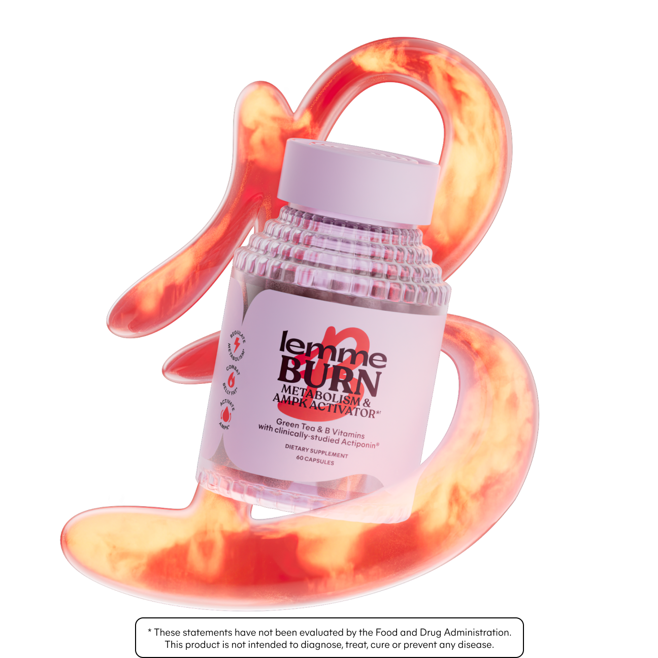 Supplement bottle labeled 'Lemme Burn' with a colorful handle on a white background
