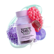 Femme Chill de-stress gummies packaging with a pink stress ball and purple hair ties on a white background