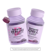 Two bottles of 'lemme' gummies labeled 'DeBloate' and 'Chill' on a white background.