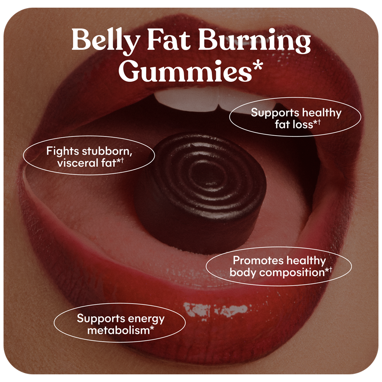 Belly fat burning gummies being swallowed with text highlighting benefits