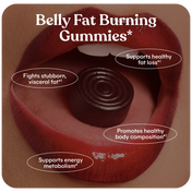 Belly fat burning gummies being swallowed with text highlighting benefits