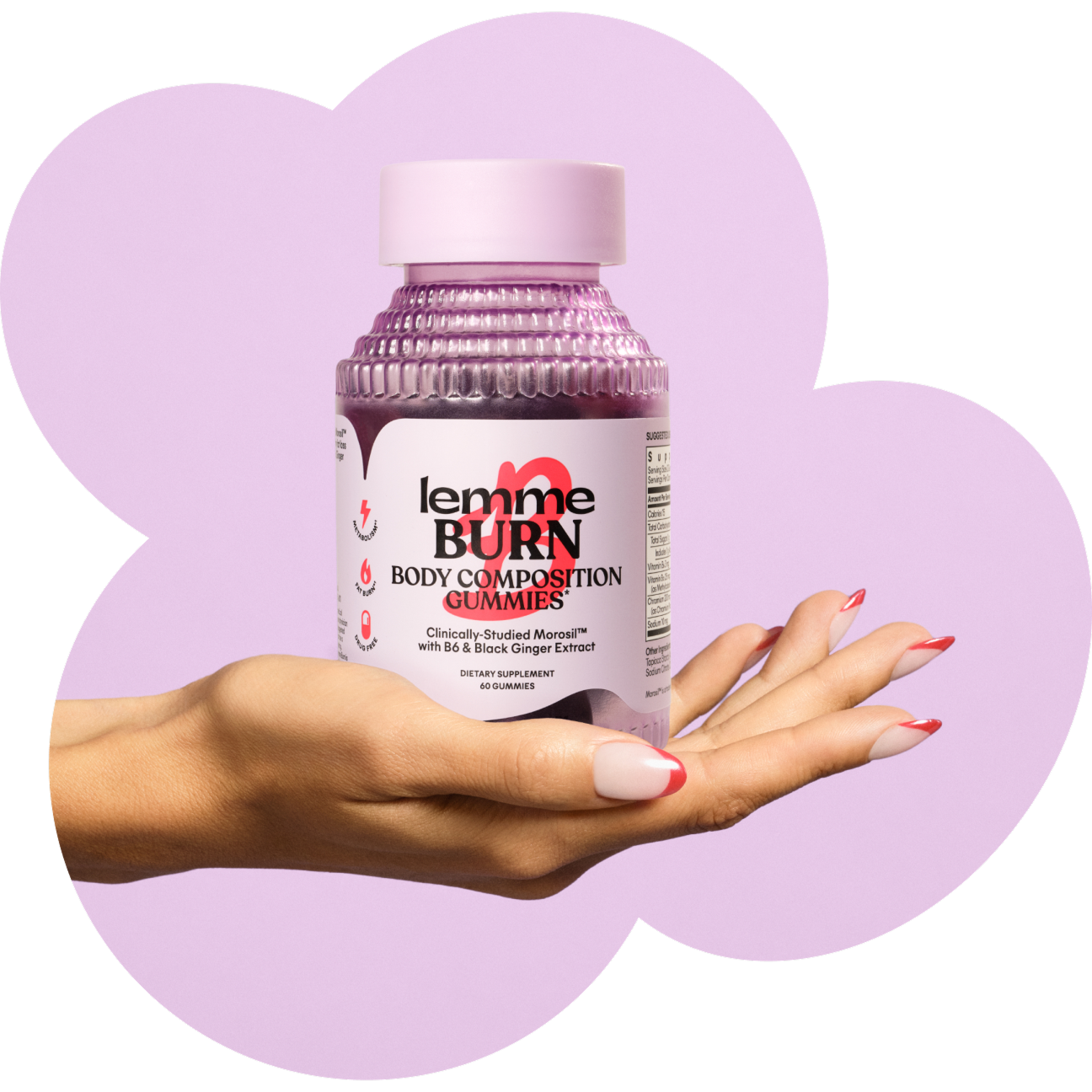 Hand holding a bottle of 'lemme BURN' body composition gummies against a purple heart-shaped background