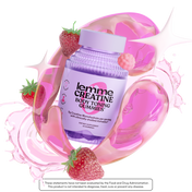 Jar of lemme creatine body toning gummies with strawberries on a white background