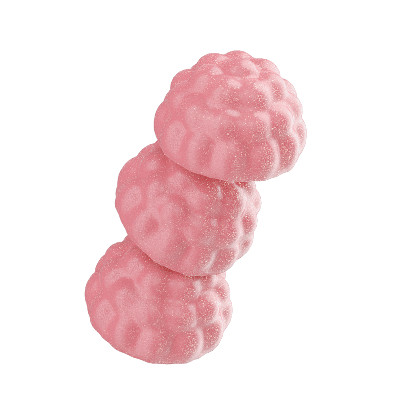 Stack of pink gummy candies on a white background