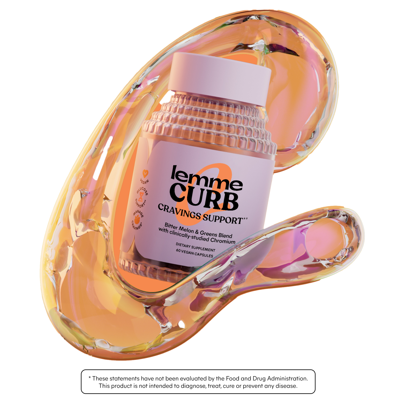 Supplement bottle labeled 'lemme CURB' with decorative orange shell on a white background