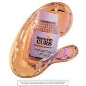 Supplement bottle labeled 'lemme CURB' with decorative orange shell on a white background