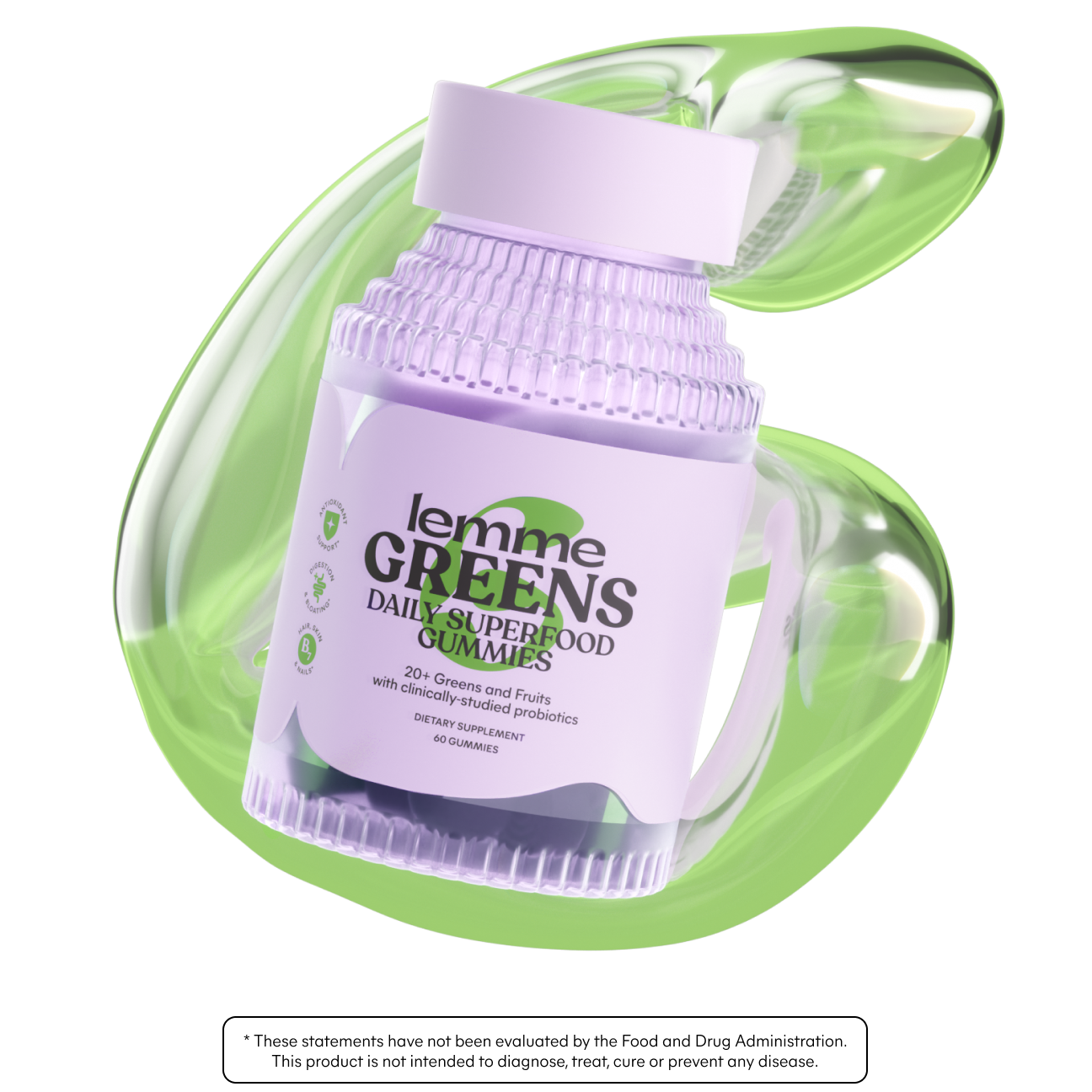 Bottle of 'lemme GREENS' daily superfood gummies with a green cap on a white background.