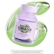 Bottle of 'lemme GREENS' daily superfood gummies with a green cap on a white background.