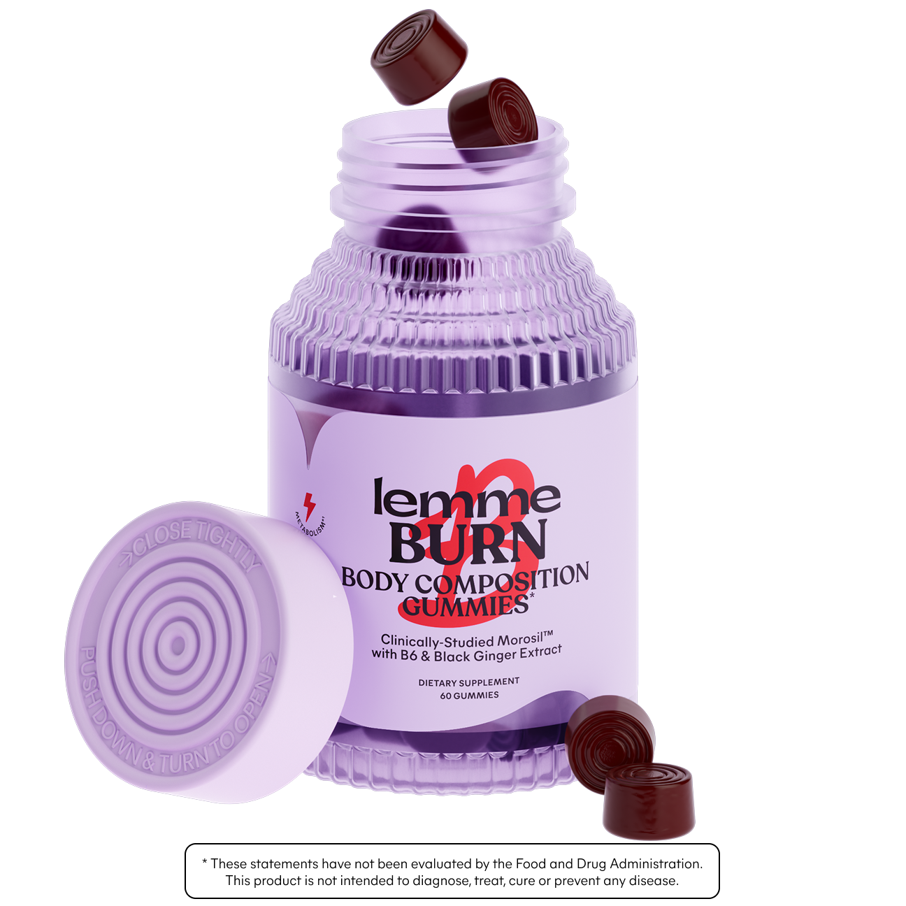 Purple bottle of 'lemme BURN Body Composition Gummies' with gummy bears on a white background