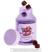 Purple bottle of 'lemme BURN Body Composition Gummies' with gummy bears on a white background