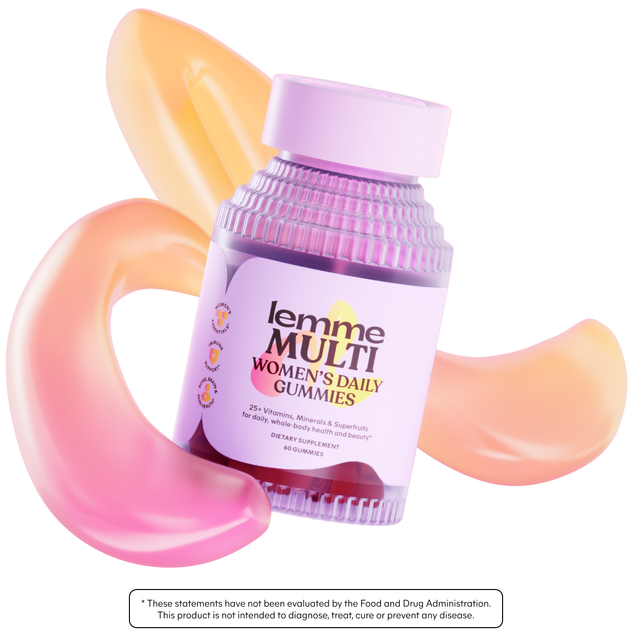 Bottle of lemme MULTI Women's Daily Gummies with colorful abstract shapes on a white background