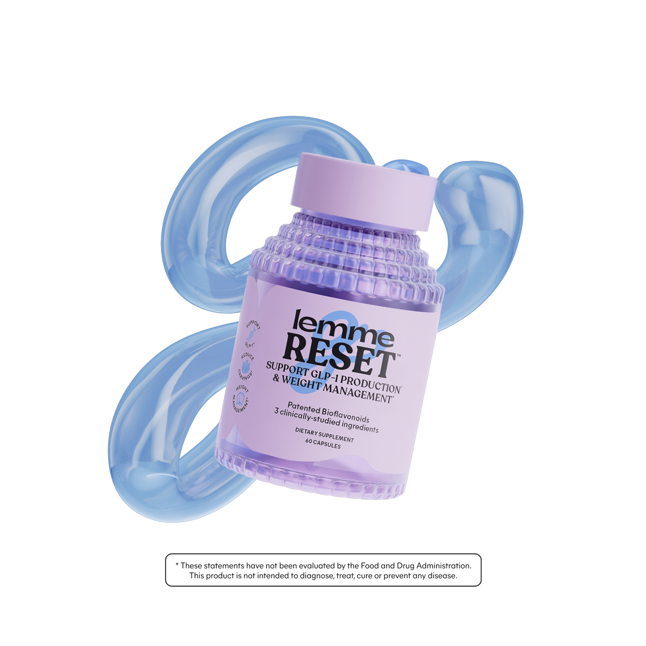 Purple bottle labeled 'lemme RESET' with blue handles on a white background