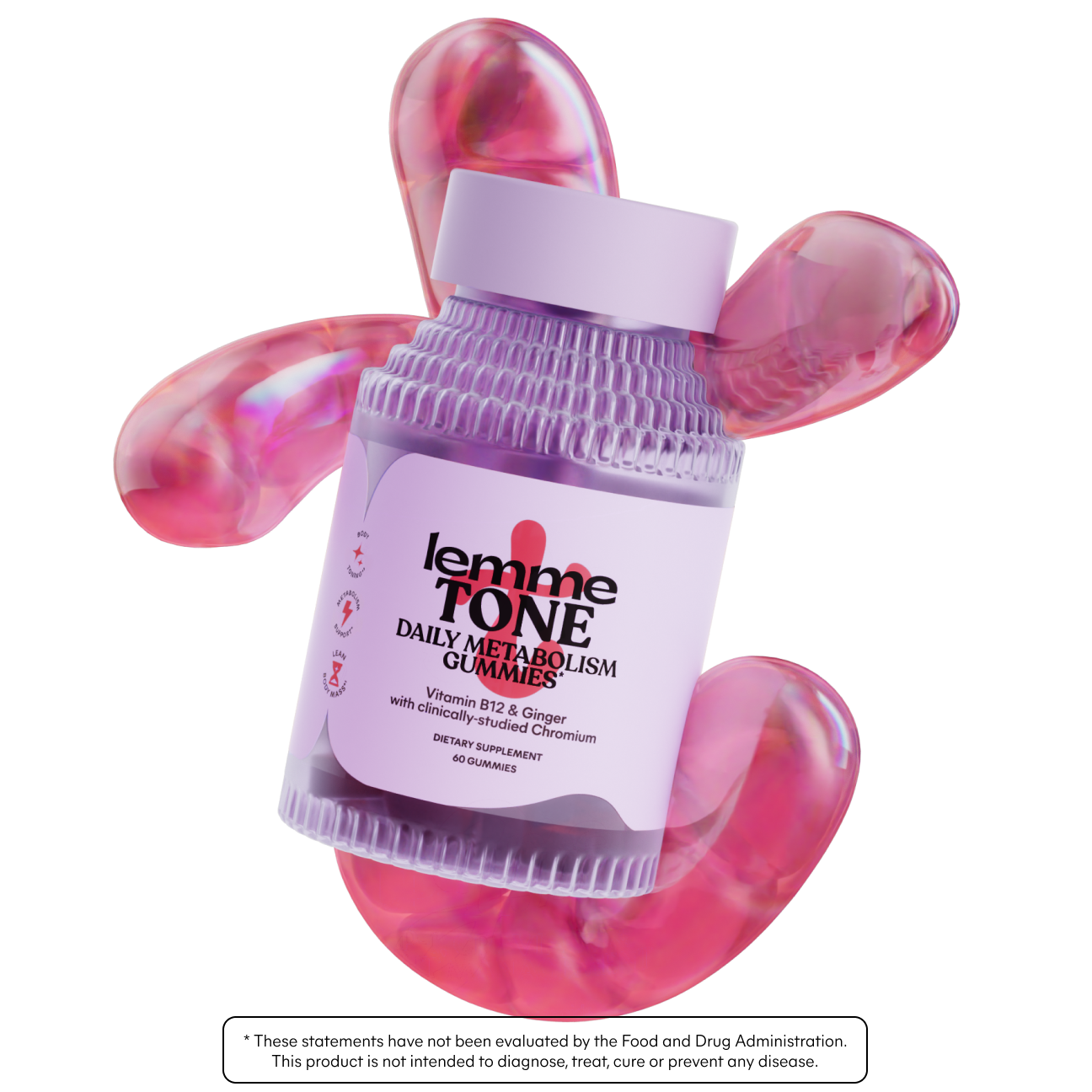 Lemme Tone daily metabolism gummies packaging with pink flower-like design on a white background
