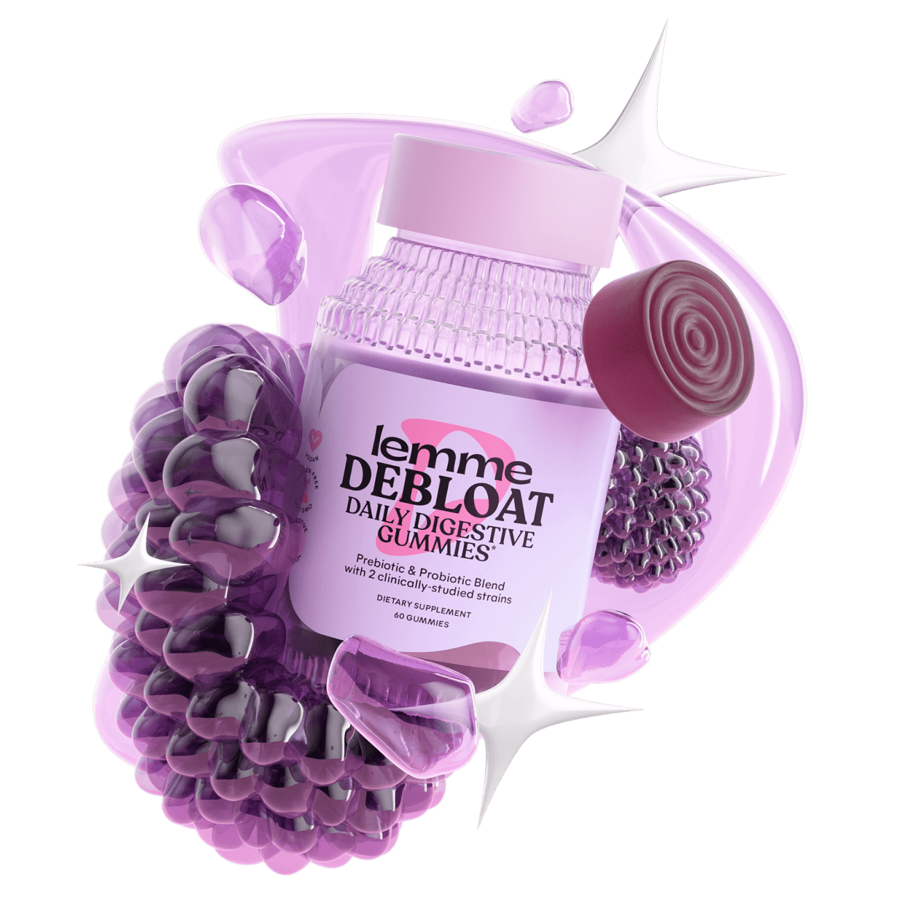 Lemme debloat packaging surrounded by fruit renderings, a purple gummy, and the lemme debloat shape